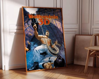 Könnte beinhalten: Ein Vintage-Poster für das Videospiel Wolfenstein 3D. Das Poster zeigt einen muskulösen Mann in einem weißen Hemd und blauen Jeans, der eine große Waffe hält. Er schwebt in der Luft, umgeben von Kugeln und einer Kette von Munition.