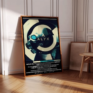 Puede incluir: Un póster para el videojuego Half-Life: Alyx, con una imagen estilizada de Alyx Vance usando una máscara de gas. El póster tiene un fondo blanco con un patrón de círculos en blanco y negro. El texto "λ ALYX" está en el centro del póster. El texto "Half-Life: Alyx takes place five years before the events of Half-Life 2" está en la parte inferior del póster. El texto "MARCH 23, 2020" también está en la parte inferior del póster.
