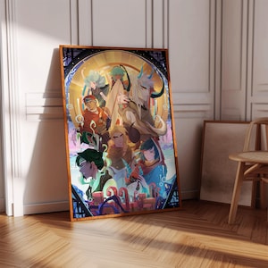 Puede incluir: Una ilustración colorida de un grupo de personajes con diferentes peinados y ropa. Los personajes están situados sobre un fondo de colores y patrones en espiral. La ilustración está enmarcada en un marco de madera.