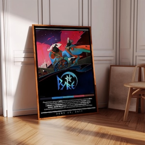 Puede incluir: Un póster para el videojuego Pyre, con dos personajes en un entorno fantástico y colorido. El póster tiene un fondo oscuro con un logotipo estilizado y un texto vibrante que dice "Pyre" y "June 25, 2017".