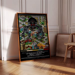 May include: A framed poster featuring a city-building game scene with a large, black robot hovering over the city. The poster has a wooden frame and includes text at the bottom: "FEBRUARY 28, 1995". The game scene is in a near-isometric dimetric view.