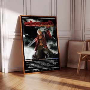 May include: A poster for the video game Devil May Cry 3: Dante's Awakening Special Edition. The poster features a red-haired character with a sword in a dark, fantasy setting. The text on the poster reads "Devil May Cry 3: Dante's Awakening Special Edition" and "February 17, 2005".