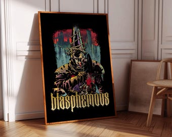 Puede incluir: Una ilustración digital de un personaje del videojuego Blasphemous. El personaje lleva una túnica oscura y una corona de espinas. El personaje sostiene una espada y tiene una herida sangrienta en el pecho. El fondo es una ciudad oscura.