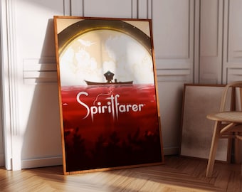 Puede incluir: Un póster con un esquema de color rojo y dorado que presenta un pequeño barco con una persona en él navegando en un mar rojo. El texto "Spiritfarer" está escrito en blanco en el póster.