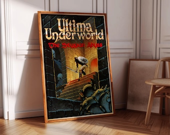 Puede incluir: Un póster vintage para el videojuego Ultima Underworld: The Stygian Abyss. El póster presenta una ilustración oscura y de temática fantástica de un guerrero de pie en una escalera de piedra en una mazmorra. El texto "Ultima Underworld" está escrito en una fuente roja y negrita en la parte superior del póster, y el subtítulo "The Stygian Abyss" está escrito en una fuente roja más pequeña debajo.