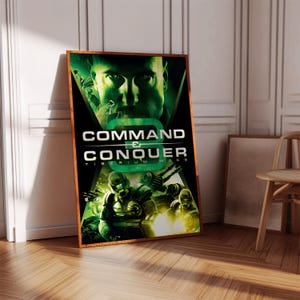 May include: A poster for the video game Command & Conquer: Tiberium Wars. The poster features a green and black color scheme with a close-up of a soldier's face and the game's title.