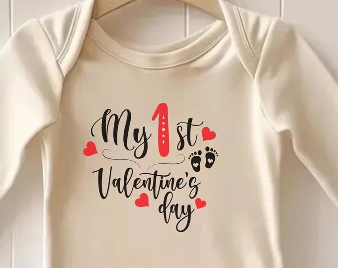 First Valentine’s Day Onesie, Organic Cotton Bodysuit, Newborn Infant Baby Outfit