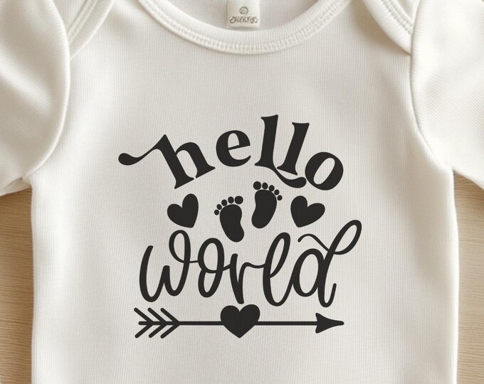 Hello World Onesie, Organic Cotton Baby Outfit, Newborn Announcement Clothes