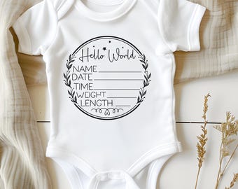 Hello World Onesie, Custom Milestone Birth Announcement Baby Bodysuit, Organic Cotton Outfit