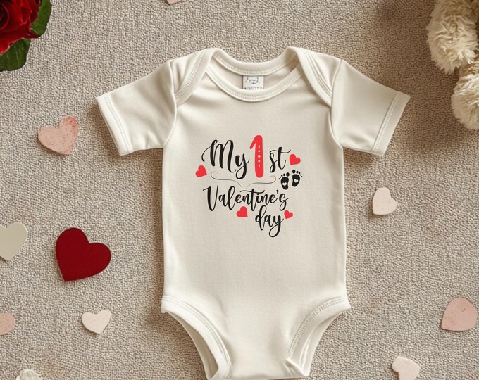 First Valentine's Day Custom Baby Onesie, Adorable Heart Design for a Perfect Baby Shower Gift, New Parent or Grandparent Present