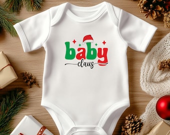 Baby Claus Onesie , Organic Cotton Infant Bodysuit , Santa Hat Holiday Outfit