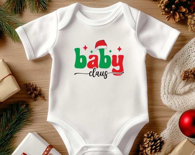Baby Claus Onesie , Organic Cotton Infant Bodysuit , Santa Hat Holiday Outfit
