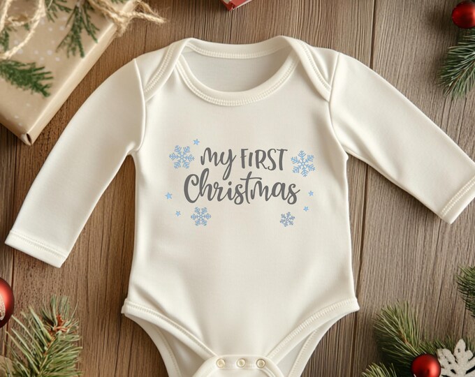 Infant Long Sleeve Bodysuit: My First Christmas. Long/Short Sleeve Outfit for Baby's First Holiday Season. Cute Birth Announcement Onesie.