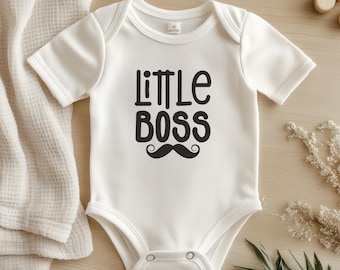 Custom baby boy outfit, adorable "Little Boss" onesie with Mustache Design, great for pregnancy announcement or gender reveal gift