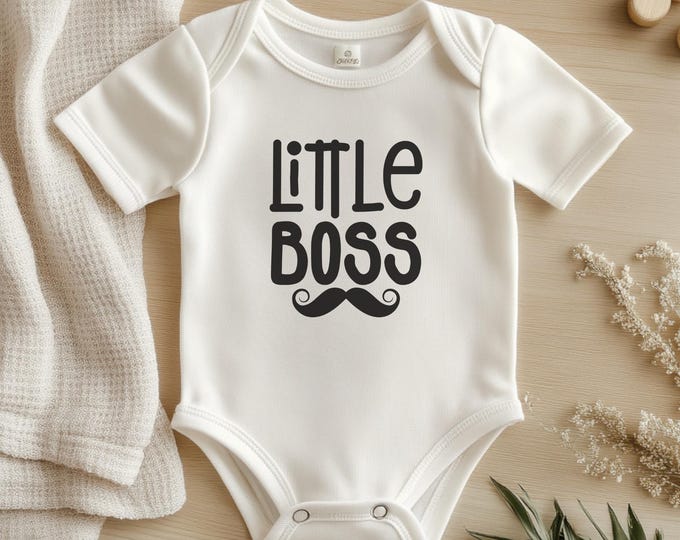 Custom baby boy outfit, adorable "Little Boss" onesie with Mustache Design, great for pregnancy announcement or gender reveal gift