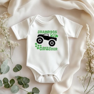 St. Patrick Day Onesie - Cute monster truck design with shamrocks, great for baby or toddler boys celebrating their first St. Patrick&#39;s Day!