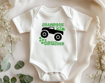 St. Patrick Day Onesie - Cute monster truck design with shamrocks, great for baby or toddler boys celebrating their first St. Patrick's Day!