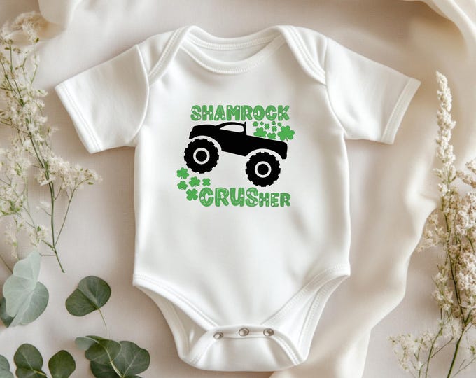 St. Patrick Day Onesie - Cute monster truck design with shamrocks, great for baby or toddler boys celebrating their first St. Patrick's Day!