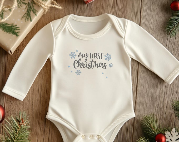 Infant Long Sleeve Bodysuit: My First Christmas. Long/Short Sleeve Outfit for Baby's First Holiday Season. Cute Birth Announcement Onesie.