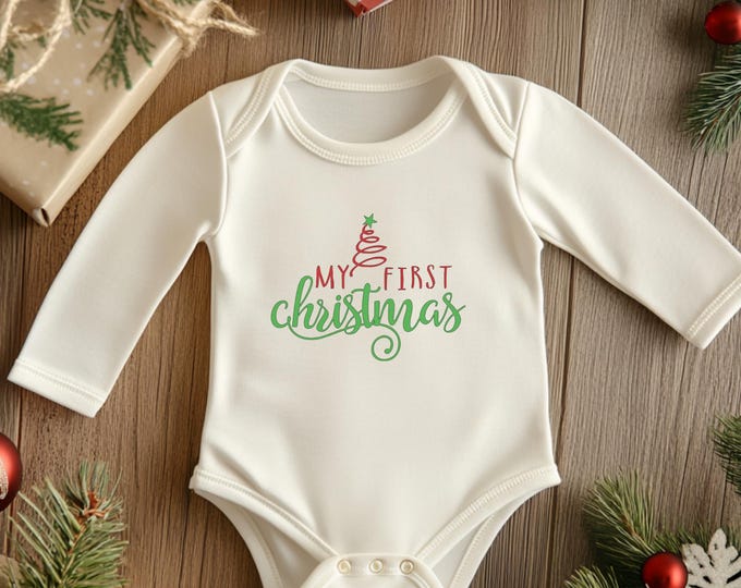 My First Christmas Onesie, Organic Cotton Baby Bodysuit, Infant Holiday Outfit