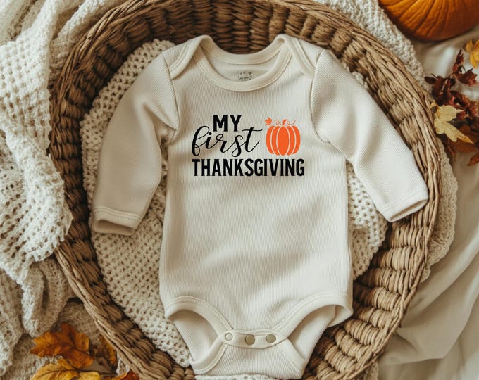 My First Thanksgiving Baby Bodysuit, Organic Cotton Infant Outfit, Pumpkin Newborn Clothes