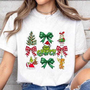 Grinch Coquette Bow Christmas Shirt, Whimsical Shirt, Festive Sweatshirt, Unisex Retro Xmas Tee, Funny Grinch Gift T-shirt