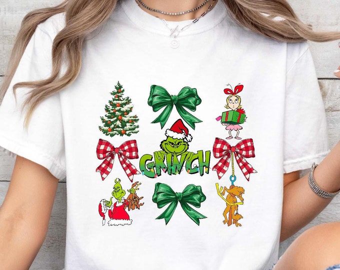Grinch Coquette Bow Christmas Shirt, Whimsical Shirt, Festive Sweatshirt, Unisex Retro Xmas Tee, Funny Grinch Gift T-shirt