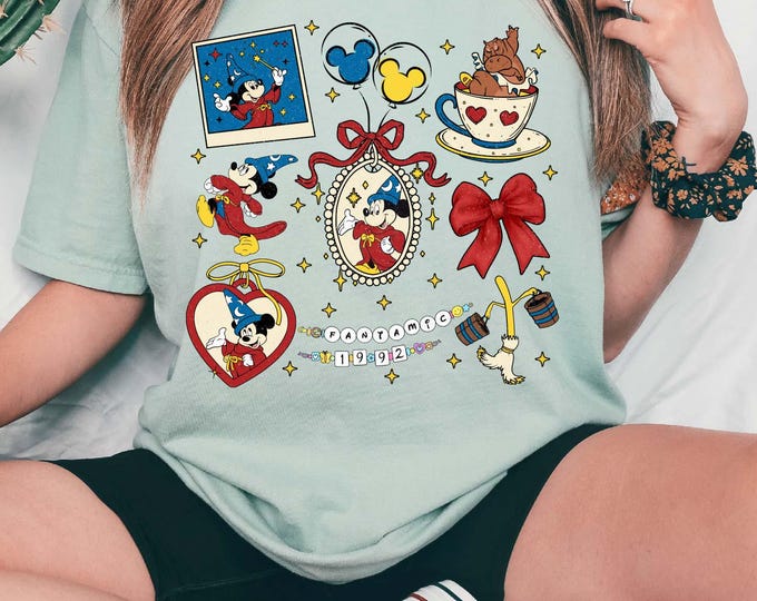 Retro Beads Coquette Bow Disney Fantasia Movie Shirt, Fantasia Sorcerer Mickey T-shirt, Fantasmic Tee, Disney Trip Tee, Disney Movie Fans