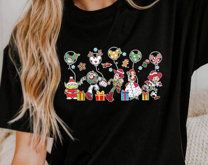 Toy Story Group Mickey Balloon Christmas Costume T-shirt, Disney Buzz Woody Rex Alien Xmas Sweatshirt, Mickey Very Merry Party Gift