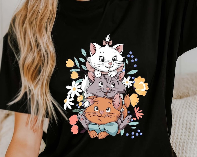Vintage 70s The Aristocats Floral Flower Comfort Colors Shirt, Berlioz Toulouse Marie, Disney Cats T-shirt, Disneyland Trip, Magic Kingdom
