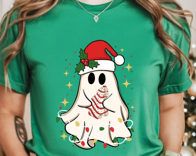 Cute Christmas Ghost Tree Cake T-shirt, Merry Christmas Shirt, Happy New Year Shirt, Spooky Christmas Sweatshirt, Christmas Lights Shirt