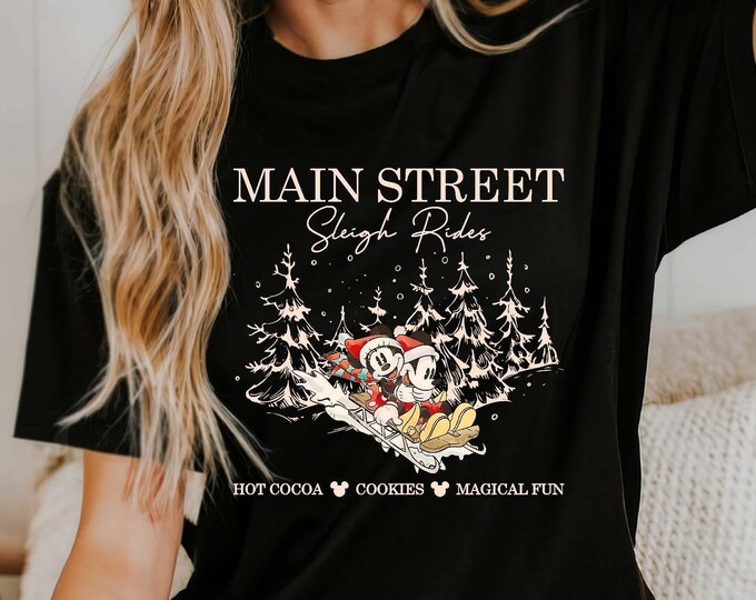 Retro Mickey Minnie Main Street Sleigh Rides Shirts, Disney Christmas Shirt, Mickey Minnie Christmas Sweatshirt, Mickey Christmas Gift