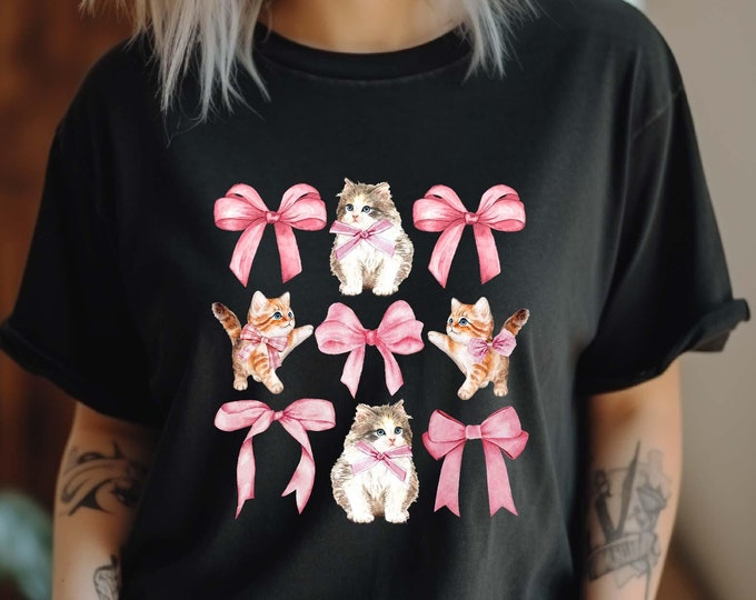 Valentine 's Day Coquette Bow Cats T-shirt, Cute Cats Bow Valentine Sweatshirt, Cat Lover Valentine's Day Gift, Pink Bow Cat