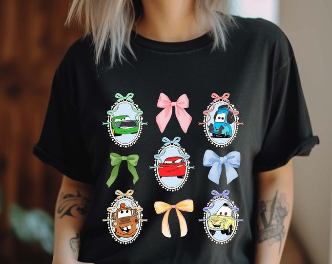 Coquette Bows Watercolor Disney Cars Shirt, Pixar Cars T-shirt, Lightning McQueen and Tow Mater Tees, Disneyland Family Matching 2025 Trip