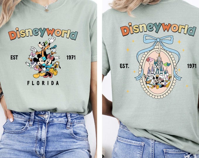 Disneyworld Florida Comfort Colors Mickey And Friends Coquette Shirt, Disneyworld Castle Mirror Bow Shirt, Disneyworld Family Matching Tee