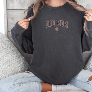 Comfort Colors® Dog Mom Long Sleeve Shirt, Embroidered Dog Mom Tee, Minimalist Pet Lover Tee, Fur Mama Gift, Cozy Dog Mom Tee, Puppy Parent