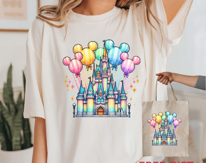 Magical Castle Mickey Balloons Shirt with Free Gift Bag, Comfort Colors® Magic Kingdom Vacation Shirt, Disney Castle Family Matching T-shirt