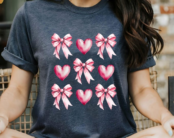 Coquette Bow Valentine Day T-shirt, Pink Heart Coquette Shirt, Cute Valentine Day Shirt, Gift For Her, Valentine Heart Tee