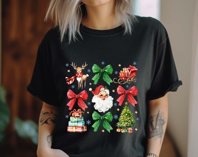 Cute Christmas Bow Shirt, Vintage Christmas Santa Coquette Sweatshirt, Merry Christmas Tee, Holiday Coquette Bow T-shirt, Xmas Family Tee