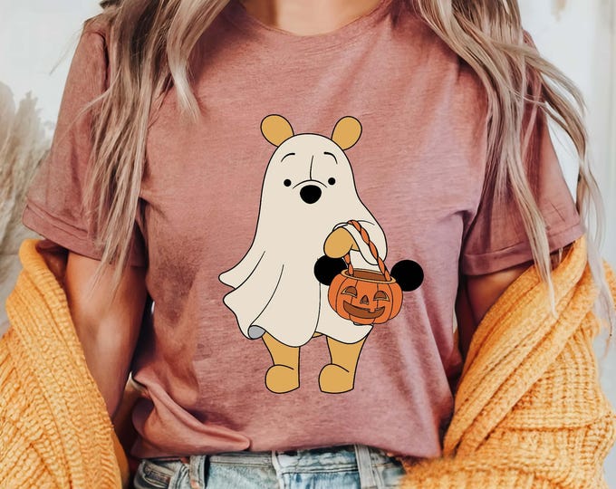 Halloween Retro Winnie The Pooh Ghost Shirt, Spooky Season Shirt, Halloween Women's Shirt, Cute Fall Autumn Leaf Sweatshirt
