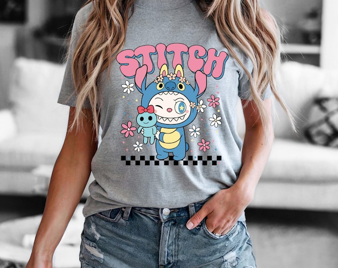 Labubu Stitch Shirt, Labubu Dressed As Stitch Tee, Cute Kawaii Cartoon T-Shirt, Pastel Stitch Kids Shirt, Labubu Gift Idea