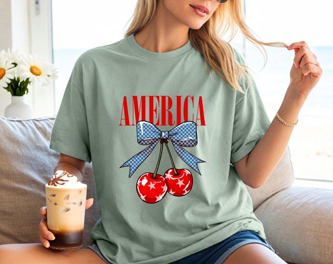 Coquette America Cherries Shirt, Comfort Colors® 4th Of July Shirt, Patriotic Cherry Bow Shirt, Trendy Girly Women July 4th Shirt