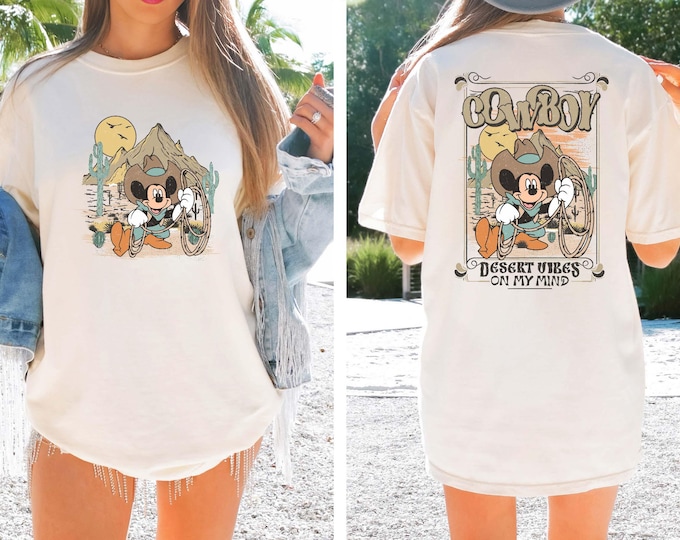 Two Sided Disney Mickey Mouse Cowboy Comfort Color Shirt, Howdy T-shirt, Western Mickey Tee, Disneyland Family Matching, Disney Trip 2025