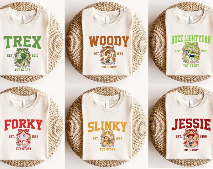 Comfort Colors Toy Story Characters Coquette Bow Mirror Shirt, Disney Watercolor Toy Story Matching Shirt, Toy Story Characters Est Shirt