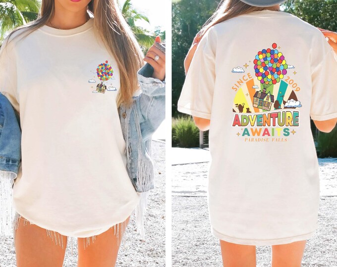 Disney Pixar Up Shirt, A World Of Adventure Awaits Rainbow Balloons Tee, Disneyland Vacation Trip, Disney Up Movie Shirt, Paradise Falls Tee