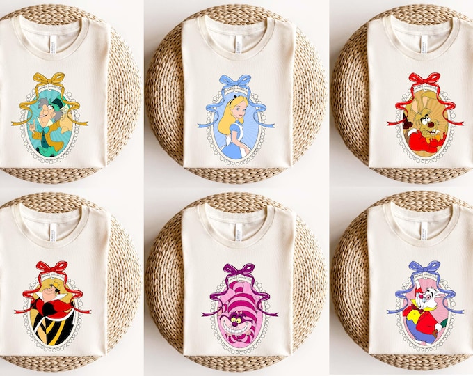 Retro Watercolor Alice In Wonderland Bow Shirt, Comfort Colors® Alice Cheshire Cat Hatter Red Queen Group Tee, Alice Characters Matching Tee