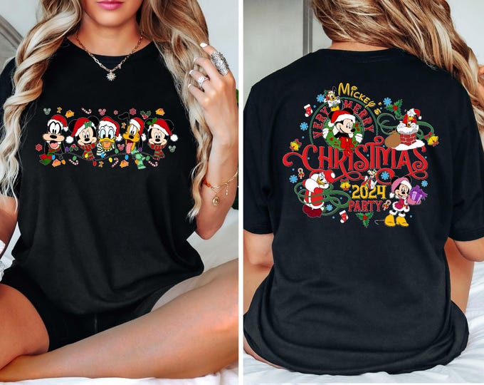 2-Sided Mickey's Very Merry Christmas Party 2024 Shirt, Disney Santa Mickey And Friends Group Christmas Lights Shirt, Disneyland Xmas Tee