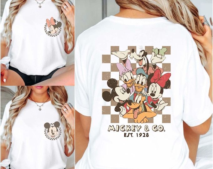 Vintage Mickey Minnie Checkered Shirt, Mickey And Friends Two Sided Comfort Colors Shirt, Disney Vacation Shirt, Disney Family Matching Tee