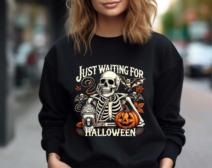 Just Waiting For Halloween Shirt, Funny Halloween Shirt, Skeleton Shirt, Halloween Coffee Lover Shirt, Spooky Season Shirt, Sarcastic Shirt