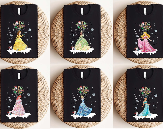 Disney Princess Christmas Matching Shirt, Belle Ariel Tiana Cinderella Jasmine Aurora Christmas Balloon Sweatshirt, Holiday Women Shirt
